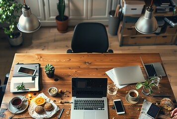 Poster - A desk with a laptop, a cell phone, a cup of coffee, and a bowl of fruit