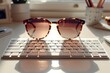 © Graph Squad - A pair of sunglasses is sitting on top of a keyboard. The sunglasses are brown and have a sun-like appearance.
