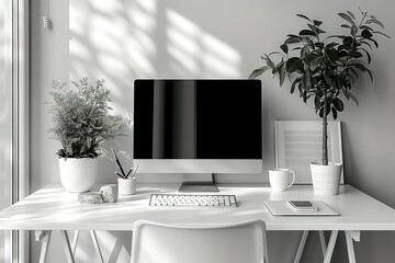 Poster - A computer desk with a monitor, keyboard, and a potted plant