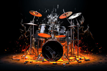 Wall Mural - A close up of a drum set with a fire in the background