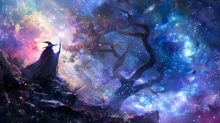 Wall Mural - A wizard is standing in front of a tree in a forest