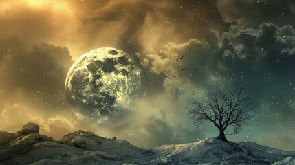 Wall Mural - A large moon is in the sky above a tree