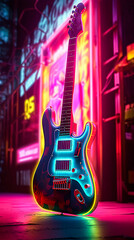 Wall Mural - A colorful guitar is shown in a photo with smoke in the background.