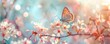 Beautiful spring nature background with butterfly and blooming cherry tree flowers, blurred pastel colors bokeh light background