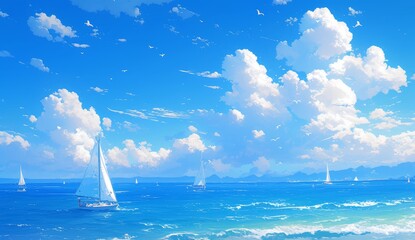 Canvas Print - A vast ocean with small sailboats floating on it, white clouds in the blue sky