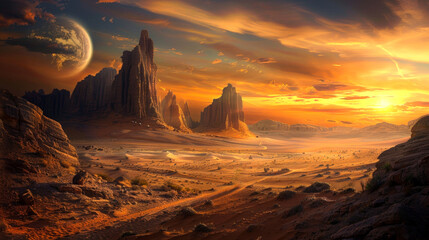 Wall Mural - A desert landscape with a large rock formation and a planet in the background