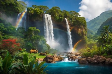 Wall Mural - waterfall and rainbow