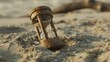 A broken hourglass lying abandoned in the sand, signifying the passage of time and the impermanence of existence.