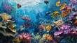A colorful coral reef, teeming with life as schools of tropical fish dart among the vibrant corals and swaying sea fans.