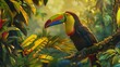 A colorful toucan, its vibrant beak glowing in the dappled sunlight as it perches among the lush foliage of the rainforest canopy.