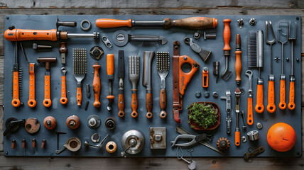 tools organized in a standardized way, knolling type, in black and yellow on a dark background