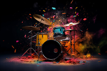 Wall Mural - A drum set is shown with a lot of debris and dust