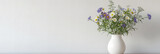 Fototapeta Perspektywa 3d - wildflowers in white vase on table on white wall background,	
