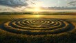 Captivating Spiraling Crop Circle Landscape at Sunset in Pastoral Countryside