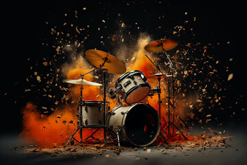 Wall Mural - A drum set is shown with a lot of debris and dust