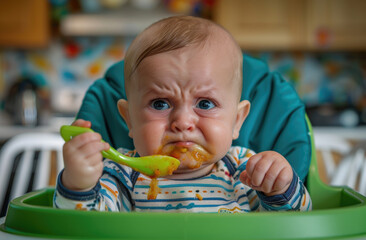 A baby in green high chair with white and blue , being fed by his mother using an amber spoon with bright green handle, face showing signs of sadness or forward pain as he contemplates the food