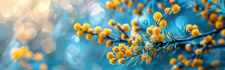 Springtime Greetings: Vibrant Mimosa Branch on Blue Banner