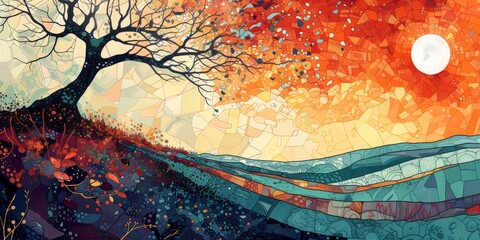 Sticker - A painting of a tree and the sun in an abstract style, AI