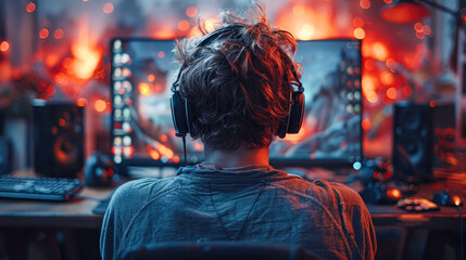 Poster - Young man playing video games in a room in the background