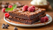 Delicious chocolate cake on plate on table in cafe, closeup