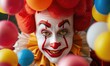 A happy juggling clown on children's birthday, close up photo