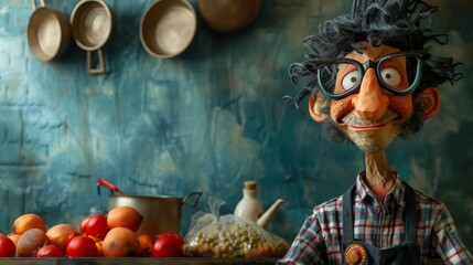 Poster - A cartoon character with glasses and a mustache is standing in front of vegetables, AI