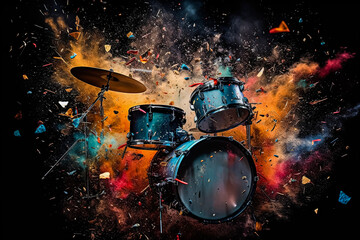 Wall Mural - A drum set is shown with a lot of debris and dust