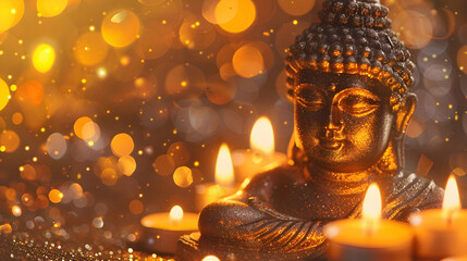 Wall Mural - The Buddha statue, candles, and orange background on a banner commemorating Vesak Day inspire contemplation and meditation, surrounded by shimmering bokeh and sparkle, with free space