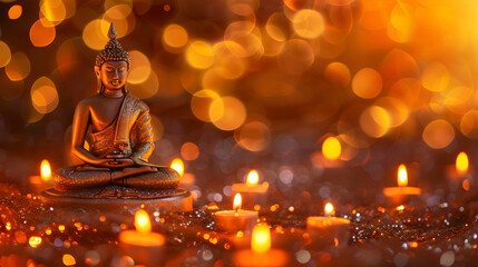 Wall Mural - A banner dedicated to Vesak Day, featuring a Buddha statue, candles, and an orange background, invites spiritual practice and inner awakening, surrounded by shimmering bokeh and sparkle, with free spa