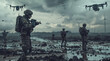 soldiers in the mud, fighting an army of drones flying overhead