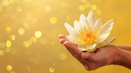 close-up of a white lotus in female hands on a yellow background with glitter and copy space