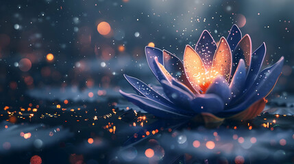 Wall Mural - glowing lotus on a dark background with glitter and bokeh with copy space