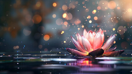 Wall Mural - glowing lotus on a dark background with glitter and bokeh with copy space