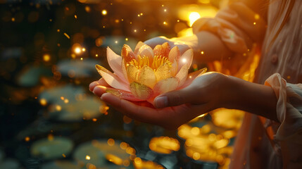 Wall Mural - pink lotus close-up in the hands of a girl with glitter and bokeh against the backdrop of a pond with space for text