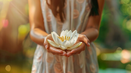 Wall Mural - white lotus close-up in the hands of a girl with glitter and bokeh against the backdrop of a pond with space for text