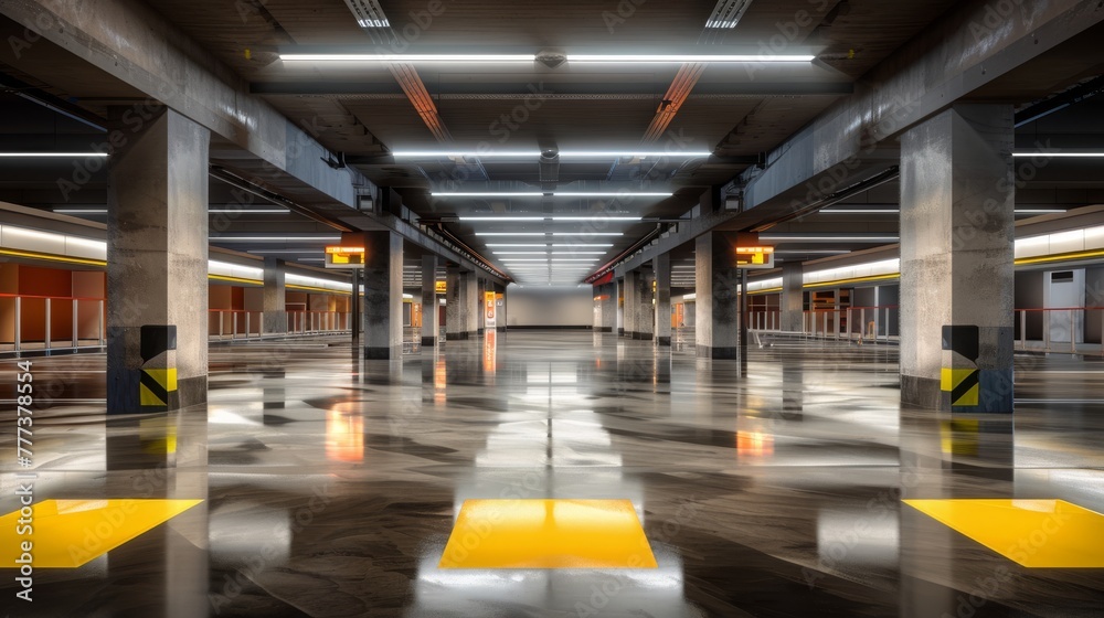Empty shopping mall underground car park with columns painted in ...