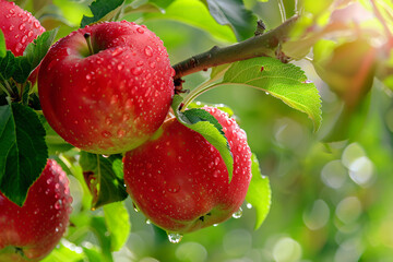 Wall Mural - Ripe red apple hanging from a branch in a lush orchard