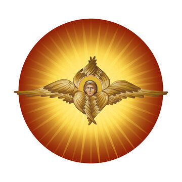 Medallion with the Seraphim on white background. Illustration in Byzantine style isolated