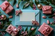 A blue envelope with a white card,. Concept of celebration and joy, as the pink boxes and flowers suggest a special occasion or event