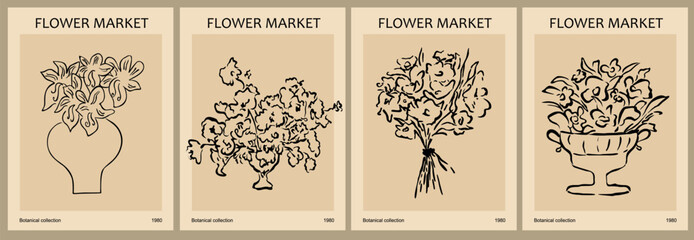 Set of abstract Flower Market posters. Trendy botanical wall arts with floral design in beige and black colors. Modern naive groovy funky interior decorations, paintings. Vector art illustration.