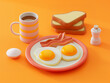 3d American breakfast. Fried eggs, bacon and toasts. Cup of tea. Sugar and salt shaker