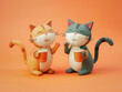 3d cats with cups of tea. Clay characters