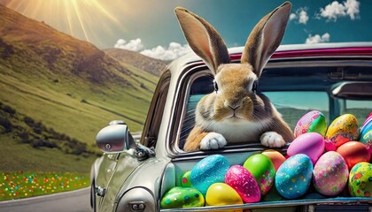 Wall Mural - easter bunny with easter eggs A Happy Easter Bunny looking out of a car filed with easter eggs, Generative AI