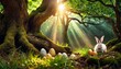 A hidden grove where the Easter Bunny hides eggs under ancient trees with sunlight piercing through the foliage.
