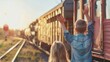Family farewell moment as children wave goodbye at a train station