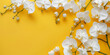 White orchid flowers on yellow background with copy space, top view. Space for text. banner, flat lay. Minimal concept, 