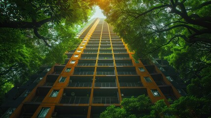 Wall Mural - A tall building with a green roof and trees growing out of it