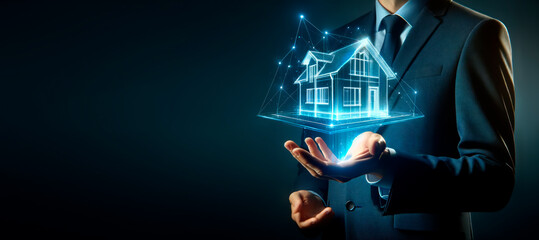 Poster - Businessman showcasing digital house hologram, innovative property technology concept. Generative AI