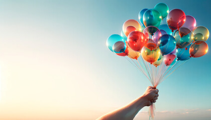 Poster - Hand holding colorful balloons against a sunset sky, freedom and celebration theme. Generative AI