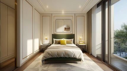 Aufkleber - Luxurious modern bedroom with a green headboard and golden frames, exuding elegance and comfort